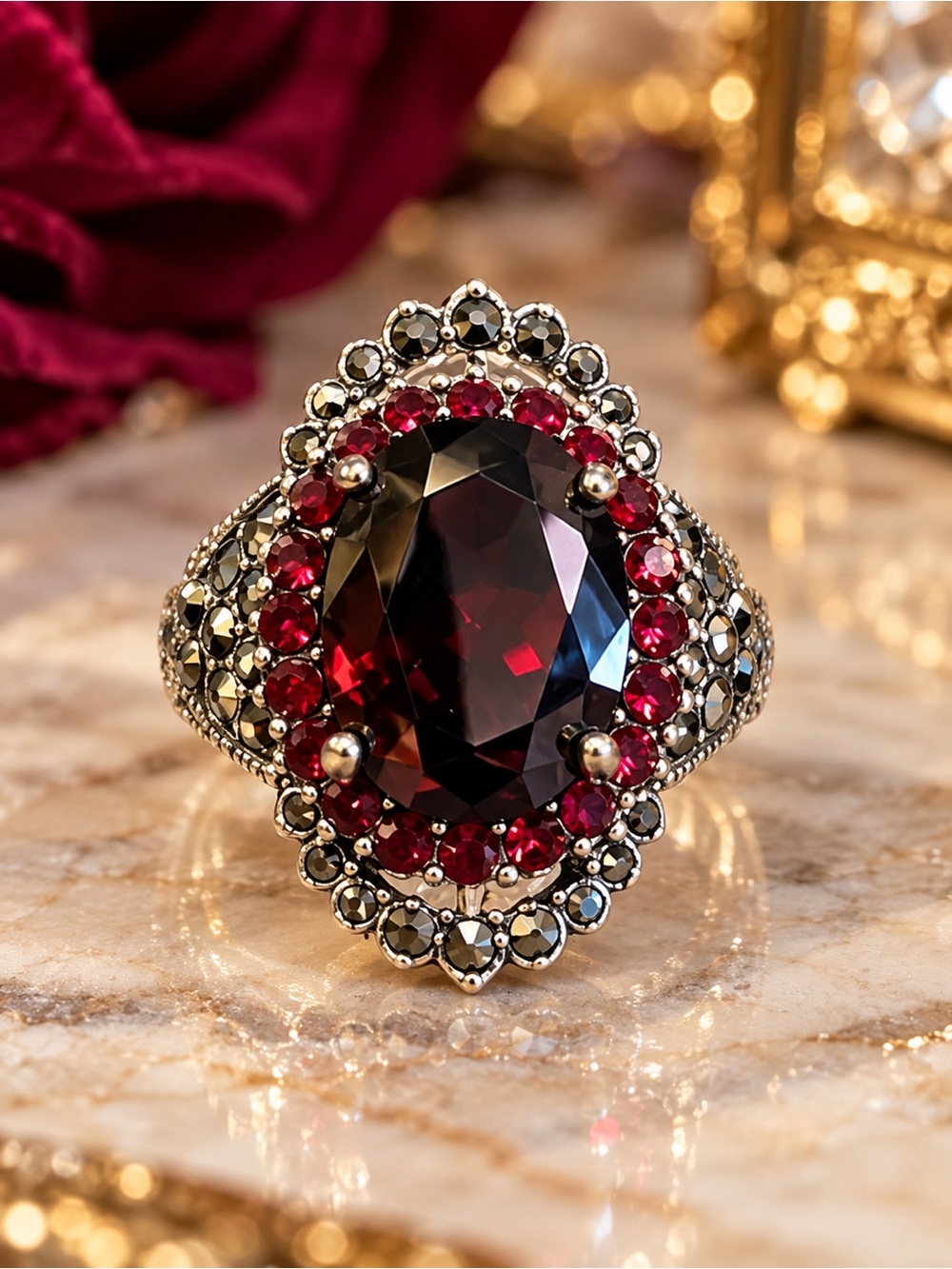 Red Garnet Halo Ring - Women's Statement Jewelry